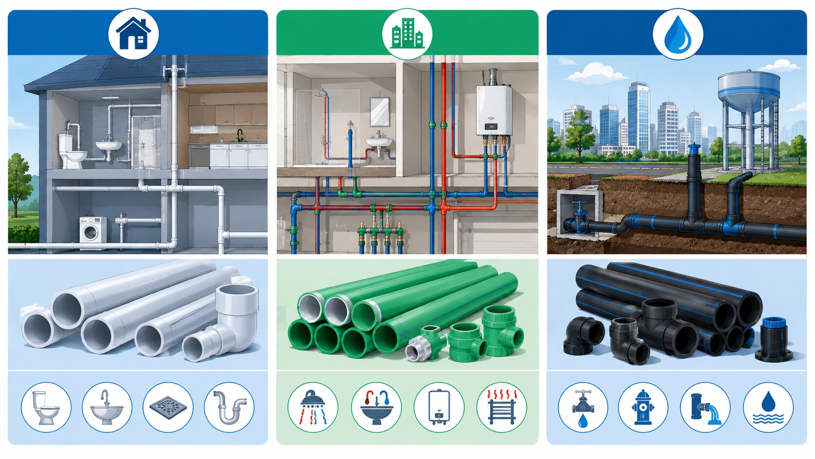Alt TextAplikasi pipa PVC PPR dan HDPE pada bangunan dan infrastruktur