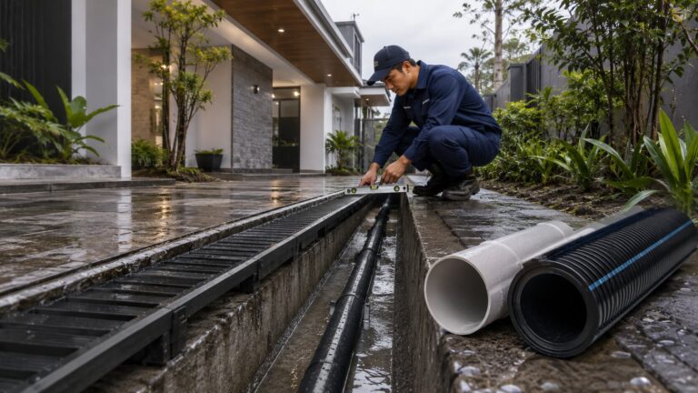 Ilustrasi cara membuat saluran drainase rumah dengan pilihan pipa yang tepat