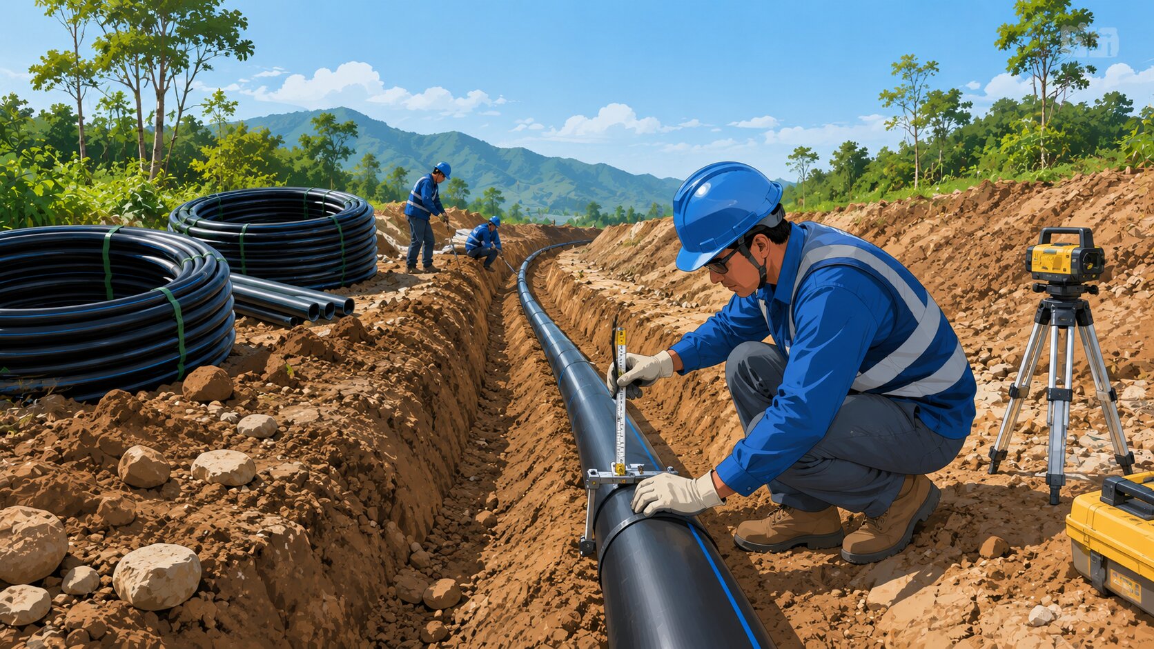 Instalasi pipa HDPE di area lapangan proyek
