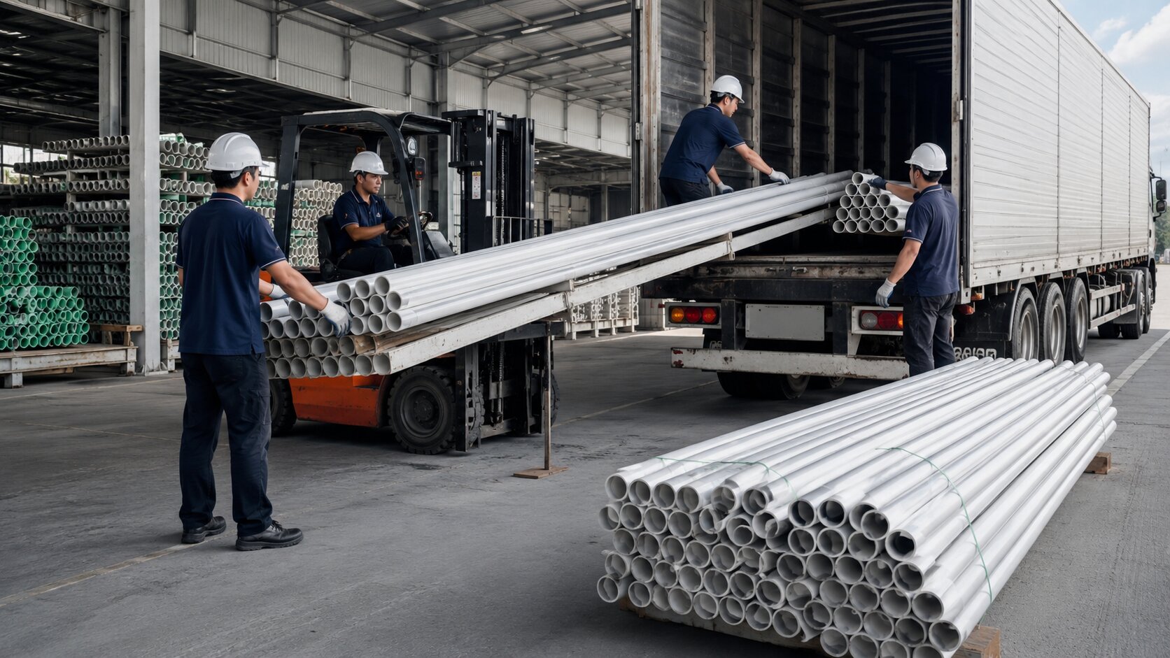 Pengiriman pipa proyek dari gudang ke lokasi