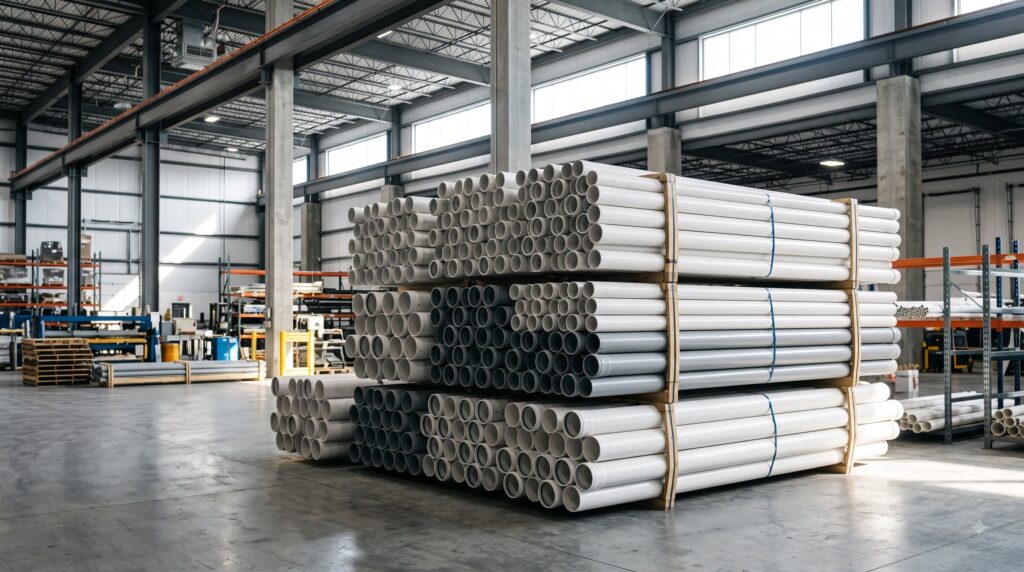 Tumpukan pipa PVC lengkap di gudang distributor harga pipa PVC grosir Gudang Pipa