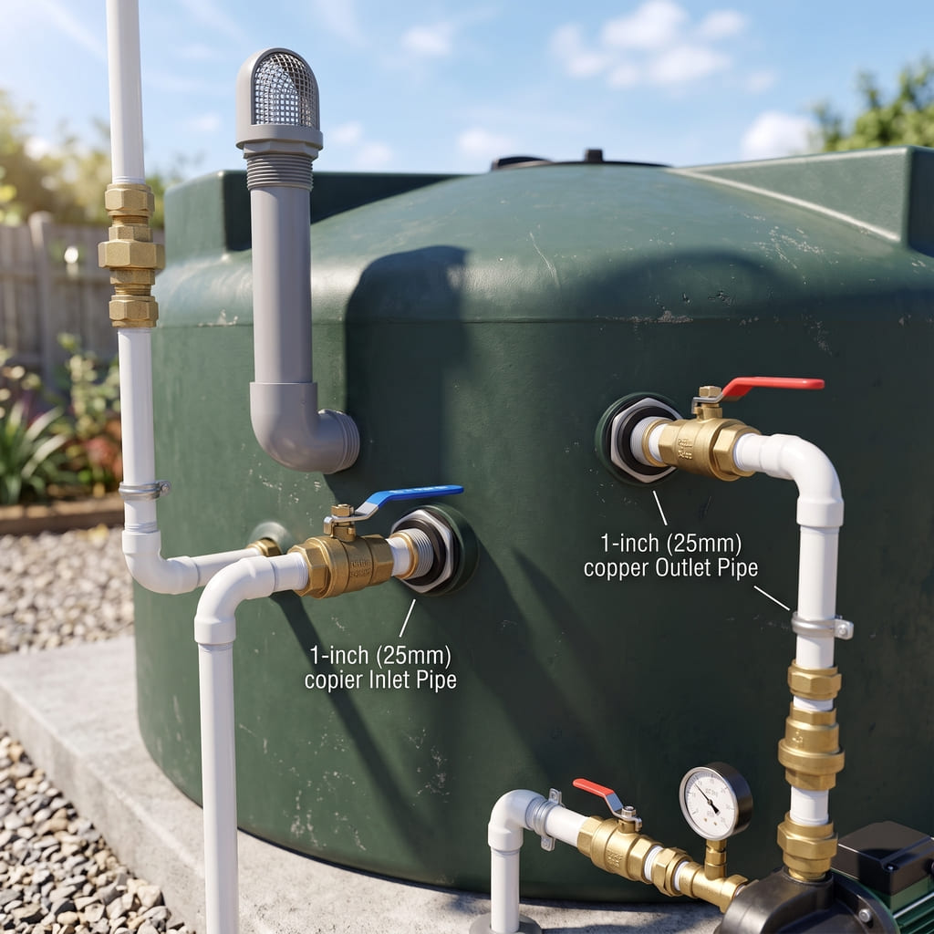 Diagram susunan dan diameter ukuran pipa inlet, outlet, dan vent pada tandon air